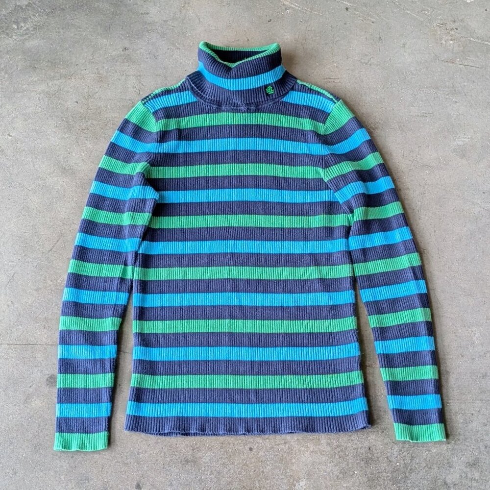 Vintage Lauren Ralph Lauren Blue Green Striped Knit Turtleneck Sweater small